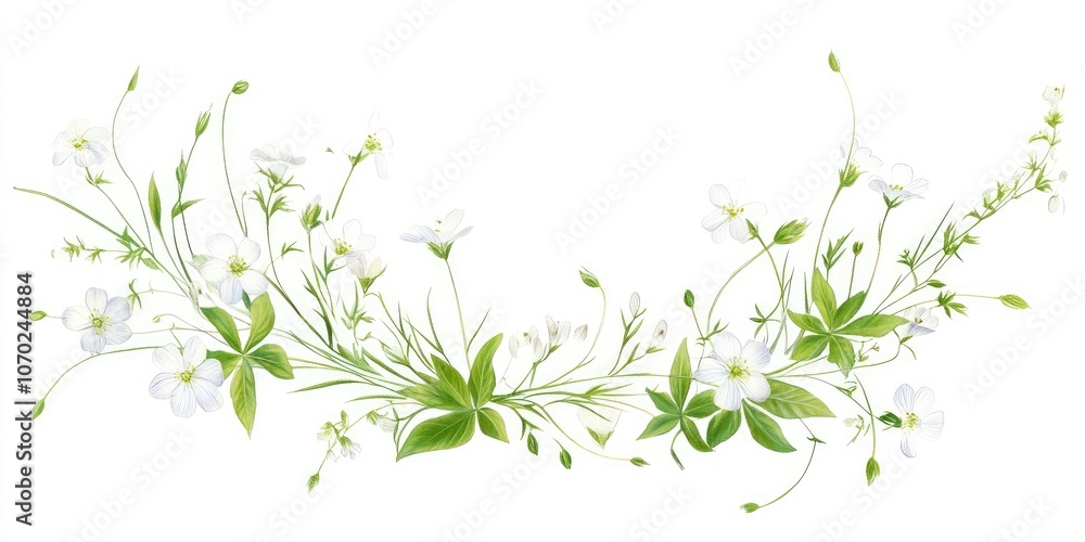 Wreath of spring flowers featuring Greater stitchwort and grasses, set on a white background. Wild forest flowers include Rabelera holostea. Wreath of spring flowers featuring Greater stitchwort and grasses, set on a white background. Wild forest flowers include Rabelera holostea.
