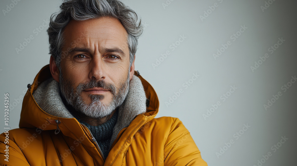 A serious-looking man with gray hair and a beard wears a yellow jacket while standing against a neutral backdrop, illuminated softly in a modern indoor space A serious-looking man with gray hair and a beard wears a yellow jacket while standing against a neutral backdrop, illuminated softly in a modern indoor space