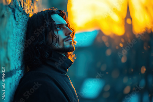 Intense Gaze of a Knight in Medieval Armor Leaning on Stone Wall, Bathed in Warm Sunlight with Soft Focus Architecture photo