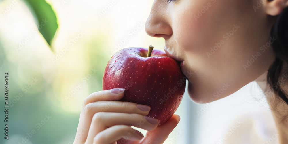 Closeup of woman biting apple on simple background with copy space. Healthy proper diet, fruit Closeup of woman biting apple on simple background with copy space. Healthy proper diet, fruit