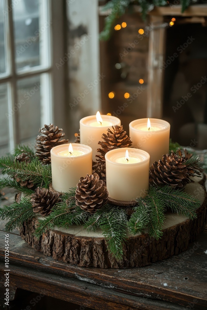candles, pine cones and Christmas tree branches. selective focus candles, pine cones and Christmas tree branches. selective focus