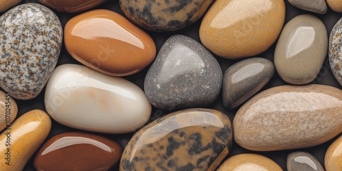 Varied smooth river stones in earthy tones create a soothing natural assembly, perfect for decoration or landscaping, captured in soft, natural light photo