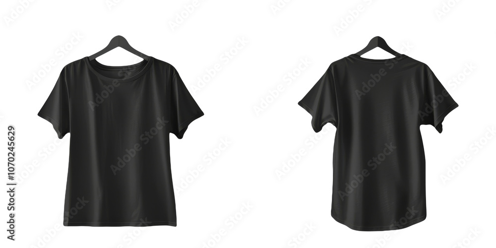 Black T-shirt on Hanger Isolated on Transparent Background. Casual Top Clothing Front and Back Black T-shirt on Hanger Isolated on Transparent Background. Casual Top Clothing Front and Back