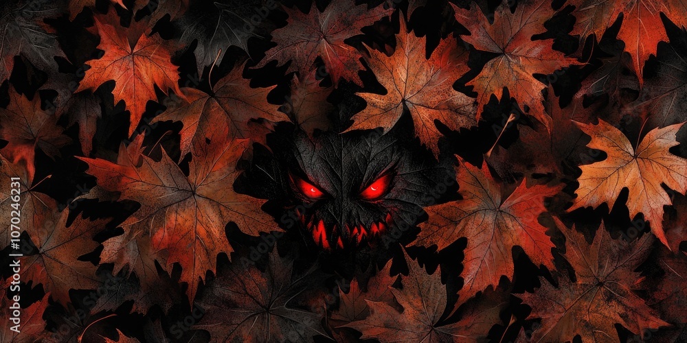 Autumnal design in a Halloween theme - maple leaves resembling sinister faces with red eyes on a black backdrop. Autumnal design in a Halloween theme - maple leaves resembling sinister faces with red eyes on a black backdrop.