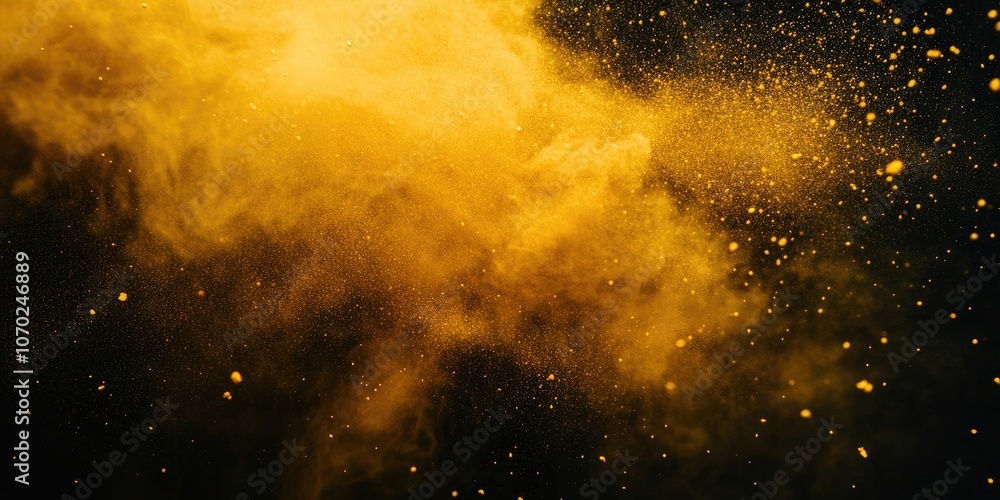 Obraz premium Abstract powder splatter background, freeze motion of yellow powder bursting/throwing color powder, yellow glitter texture.