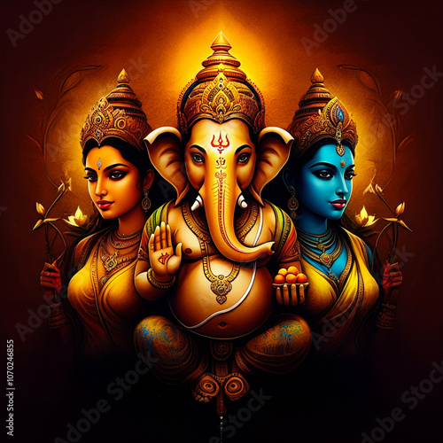 Lord Ganesha with two godde...