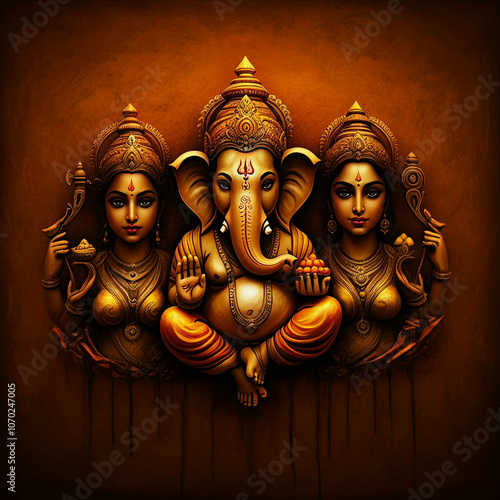 Lord Ganesha flanked by two...