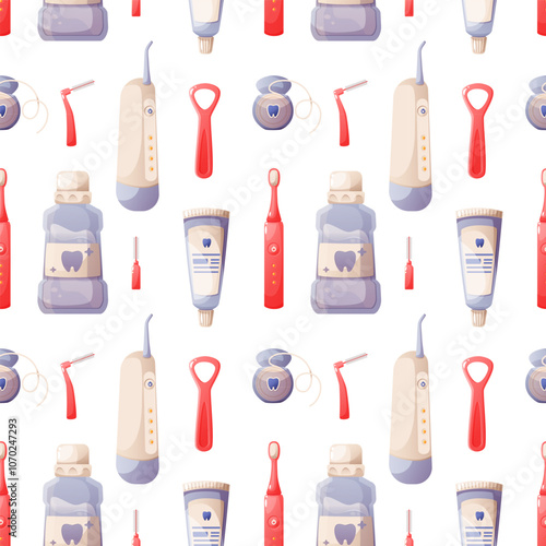 Seamless pattern of dental care set, oral hygiene products. Toothpaste, electric toothbrush, dental floss, interdental brushes, tongue depressor, irrigator, mouthwash. Repeating vector pattern.
