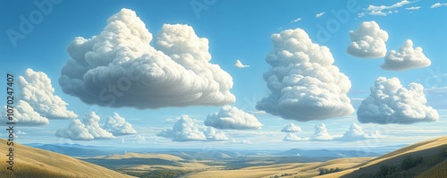 Surreal landscape where clouds are shaped like socks, drifting over hills photo