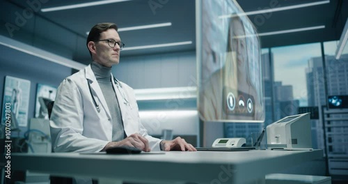 Wallpaper Mural Futuristic Doctor Interacts With Patient Via Holographic Display in Medical Office. Video Consultation Where Physician Discusses Medical Exam Test Results and Gives Ai Optimized Telehealth Advice. Torontodigital.ca