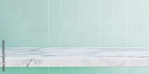 White marble countertop with a green tile backsplash