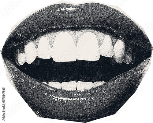 Obraz na płótnie Magazine clipping, halftone photo of a woman's beautiful plump lips, open mouth, emotions