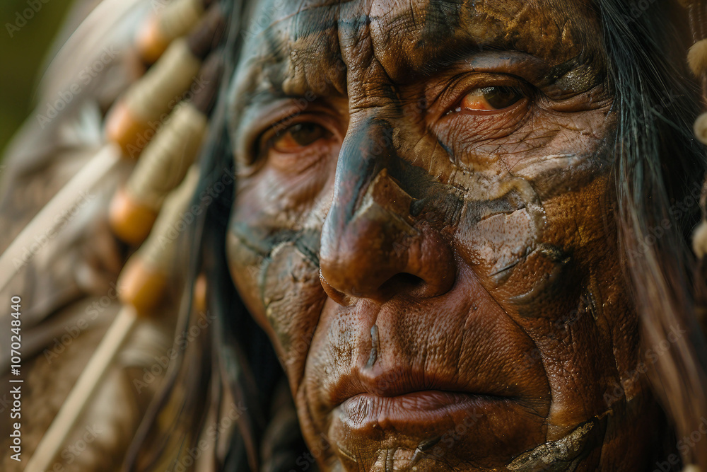 Generative AI image of a Native American person in traditional attire, highlighting the rich cultural heritage and spiritual connection to nature