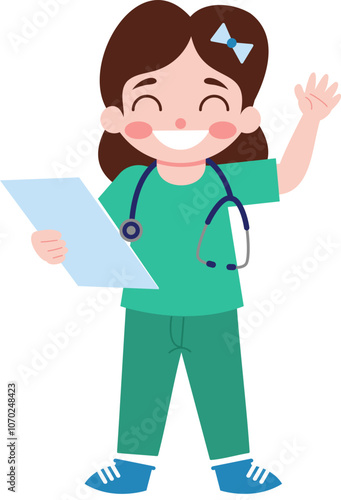 Happy Smiling Female Doctor Character Holding Clipboard  Healthcare Medical Illustration