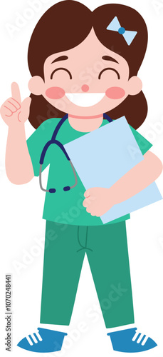 Happy Female Doctor Cartoon Character with Stethoscope and Medical Chart