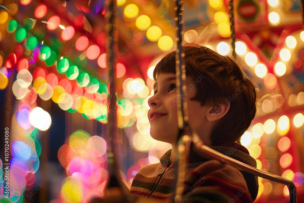 Generative AI Image of Child Enjoying Bright Summer Fair with Colorful Lights and Amusement Park Rides Generative AI Image of Child Enjoying Bright Summer Fair with Colorful Lights and Amusement Park Rides