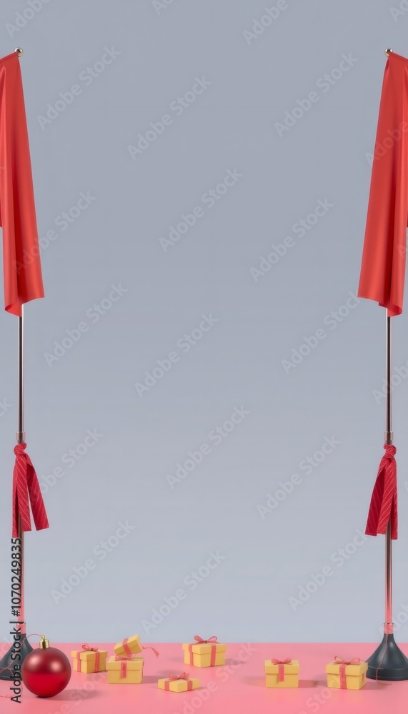 Festive red flags with yellow gift boxes on pink background. Festive red flags with yellow gift boxes on pink background.