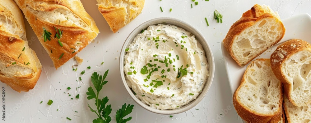 Freshly sliced baguette with herb cheese spread garnished with chives and parsley on a white background Freshly sliced baguette with herb cheese spread garnished with chives and parsley on a white background