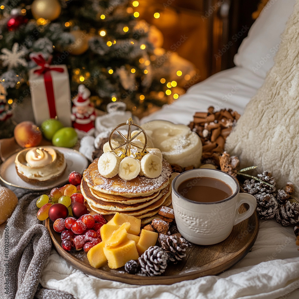 Christmas pancakes with fruit decorated with bananas Christmas pancakes with fruit decorated with bananas