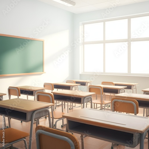 Empty classroom interior with rows of desks and chairs facing a large chalkboard, captured in hyper-realistic 4K HDR detail, set against a solid white background for a clean, minimalistic effect. Keyw photo