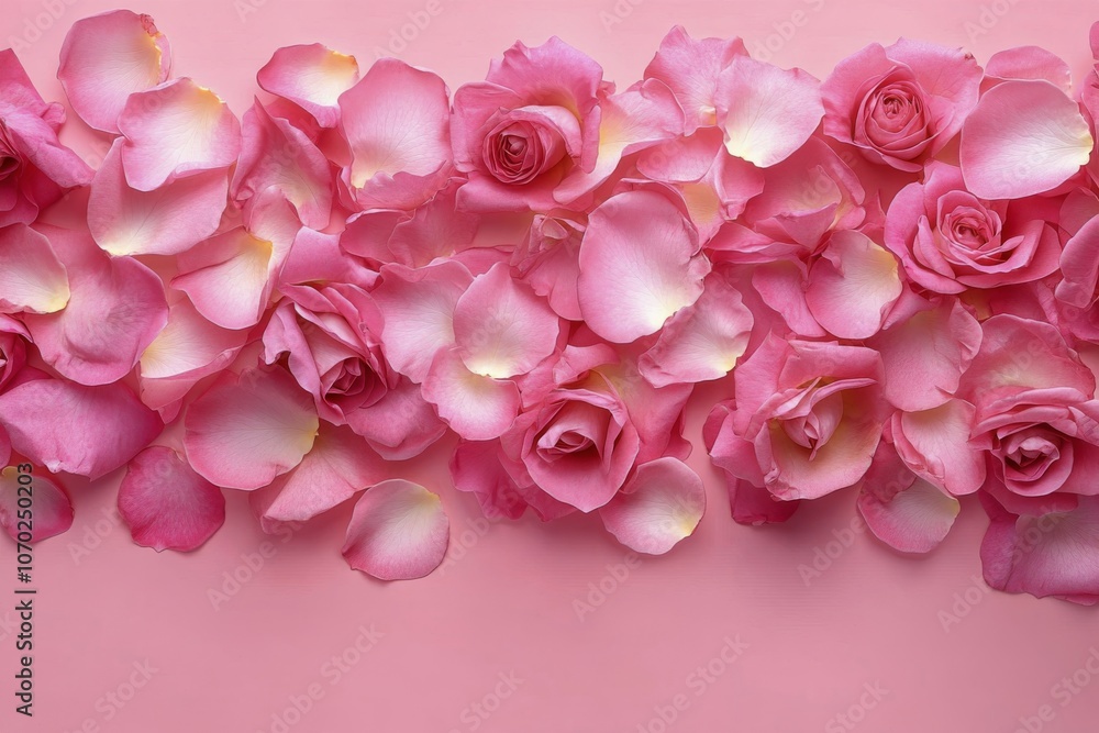 Fototapeta premium Delicate pink roses and petals arranged on a soft textured background for a romantic setting