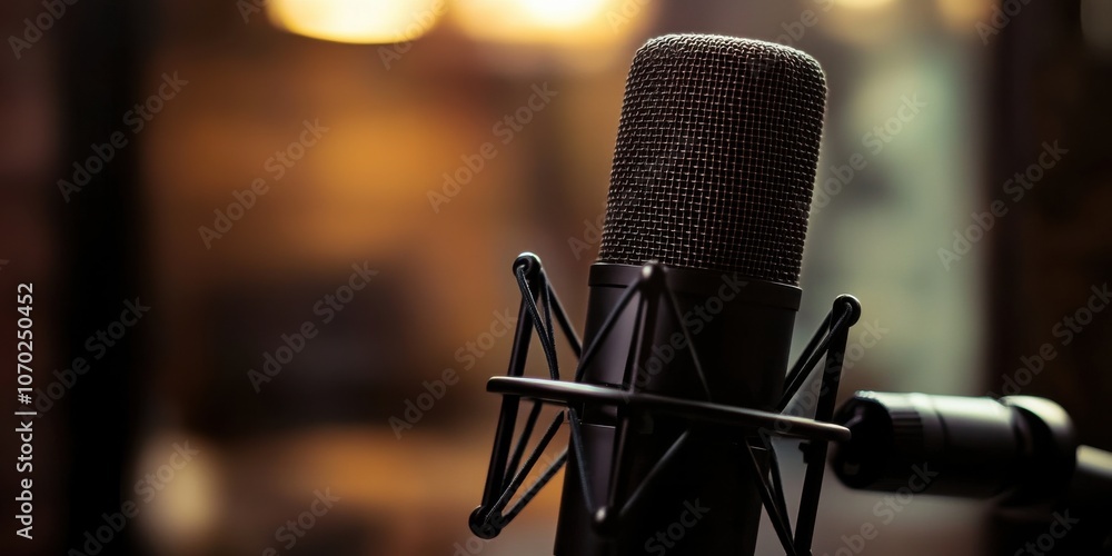 a black podcasting microphone on a mic arm with a blurry background of a small modern gentlemens podcasting room a black podcasting microphone on a mic arm with a blurry background of a small modern gentlemens podcasting room