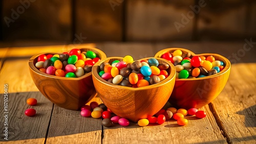 A colorful assortment of candies in heart shaped wooden bowls on a rustic wooden surface photo