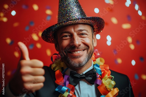 A handsome man in a tuxedo and birthday hat, making a thumbs up with his right arm while smiling at the camera.  photo