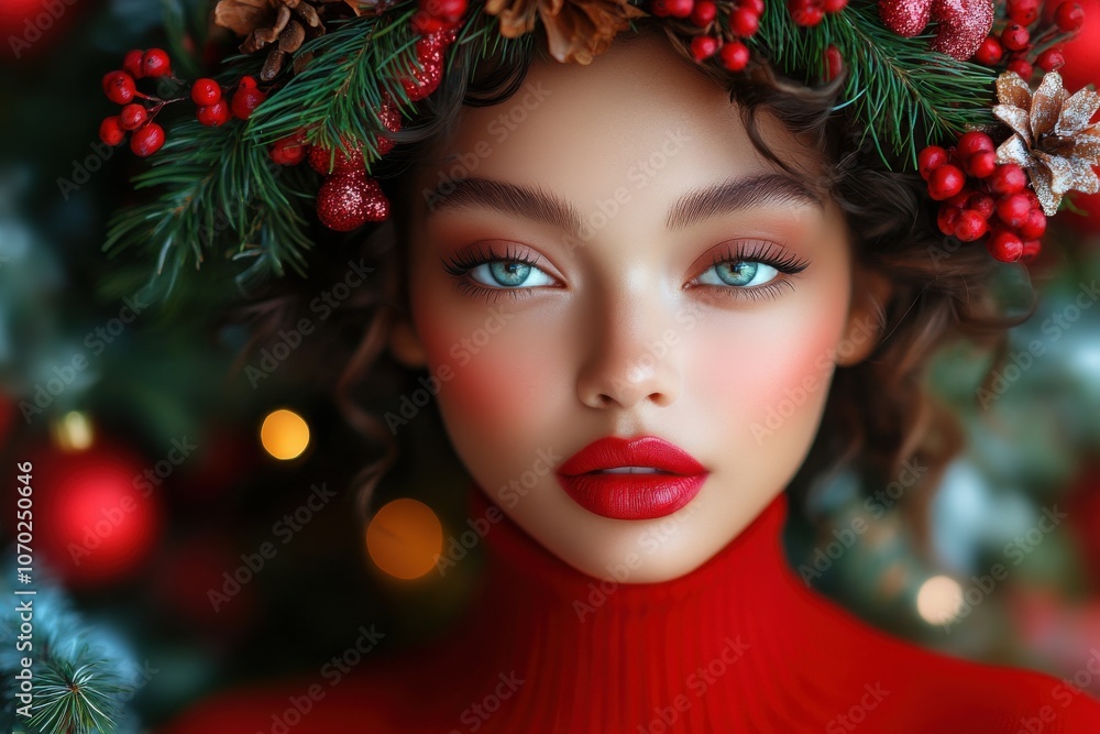 beauty model with an elegant red turtleneck, wearing a Christmas wreath on her head and bold lipstick makeup beauty model with an elegant red turtleneck, wearing a Christmas wreath on her head and bold lipstick makeup