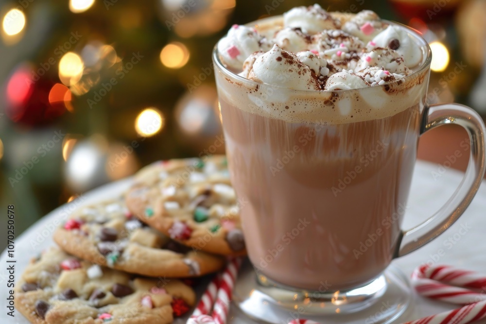 warm mug of hot chocolate topped with whipped cream, surrounded by cookies and candy canes warm mug of hot chocolate topped with whipped cream, surrounded by cookies and candy canes