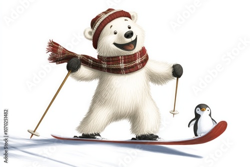 cute happy polar bear, stood up, wearing big xmas scarf and woolly hat, skiing. photo