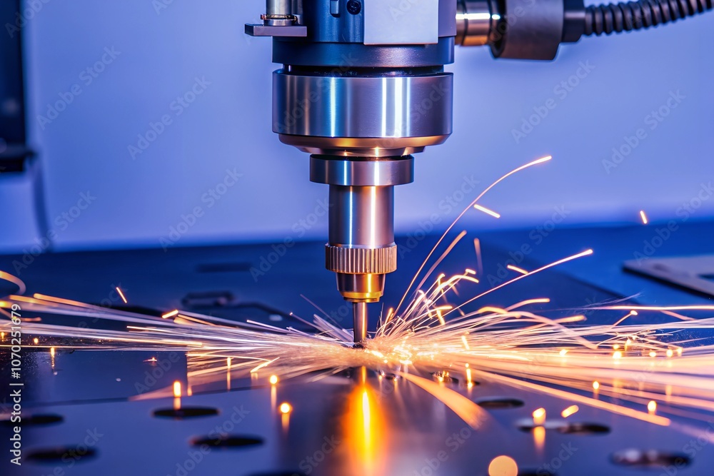 Close-up of a CNC laser cutting machine in a blue-toned industrial environment, generating sparks as it slices through metal with high precision and advanced technology. Close-up of a CNC laser cutting machine in a blue-toned industrial environment, generating sparks as it slices through metal with high precision and advanced technology.