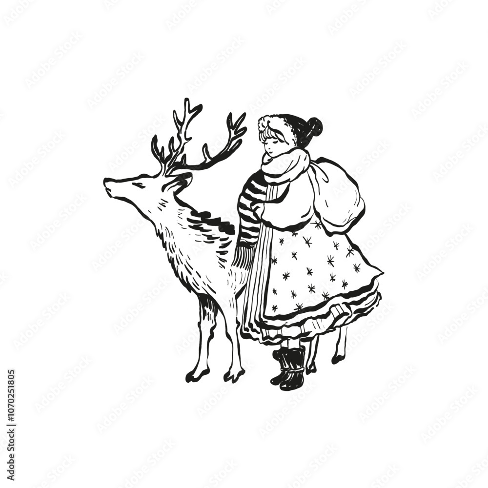 Obraz premium Merry Christmas and Happy New Year illustration, for greeting cards, posters, holiday covers. Xmas festive linocut black hand drawn.