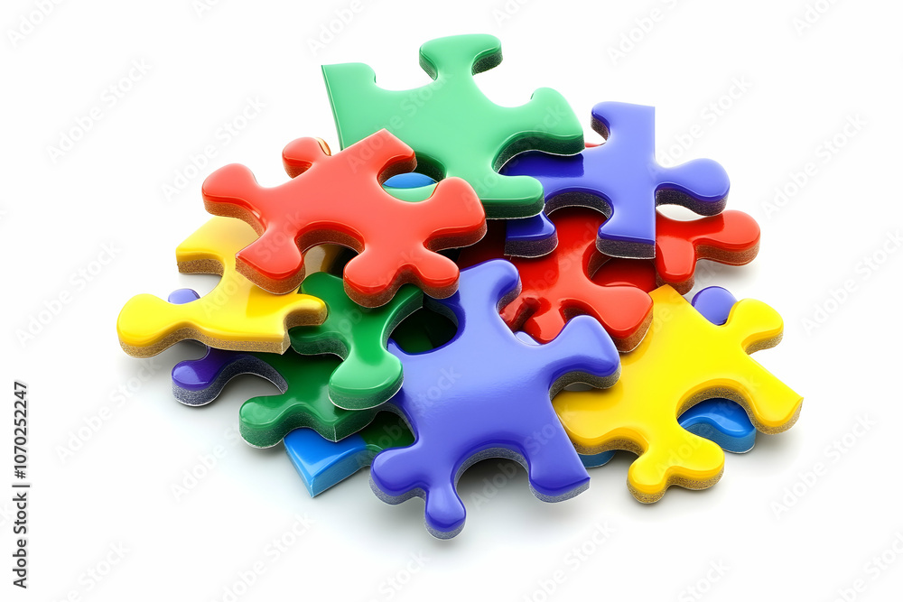 Colorful puzzle pieces scattered playfully on a white surface inviting creativity and fun Colorful puzzle pieces scattered playfully on a white surface inviting creativity and fun