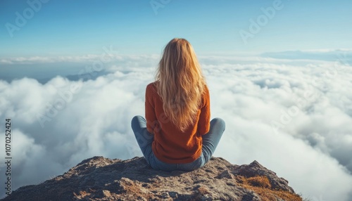 A woman sitting on a rock, overlooking clouds during a serene sunrise in the mountains
