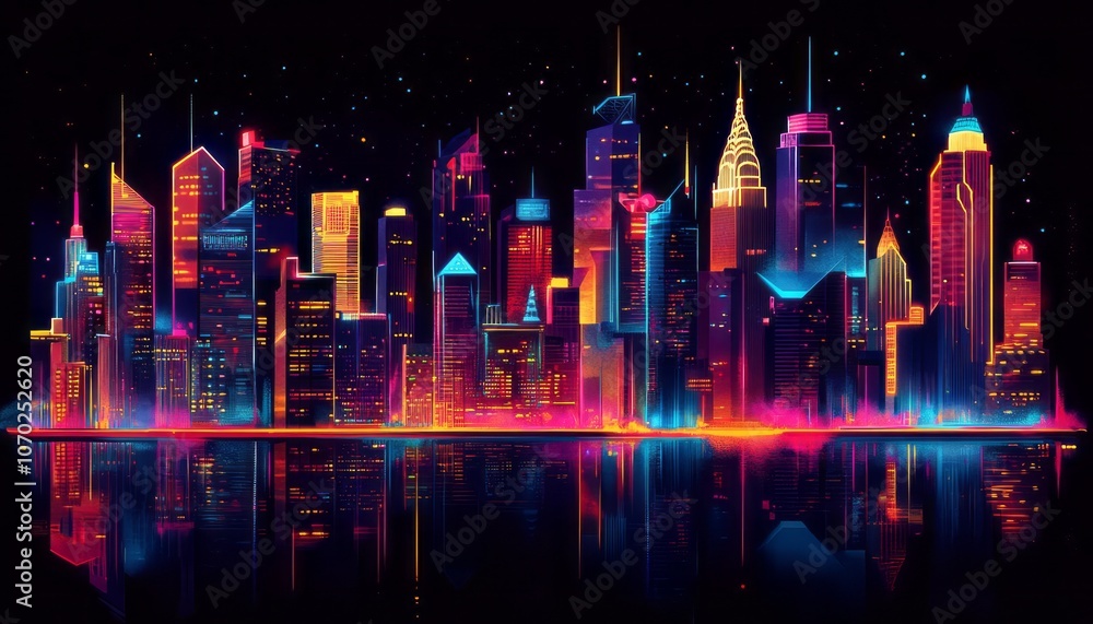 Fototapeta premium A vibrant night skyline of a futuristic city with glowing lights and reflections
