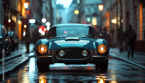 Vintage sports car parked on a rainy street in a bustling urban area at dusk