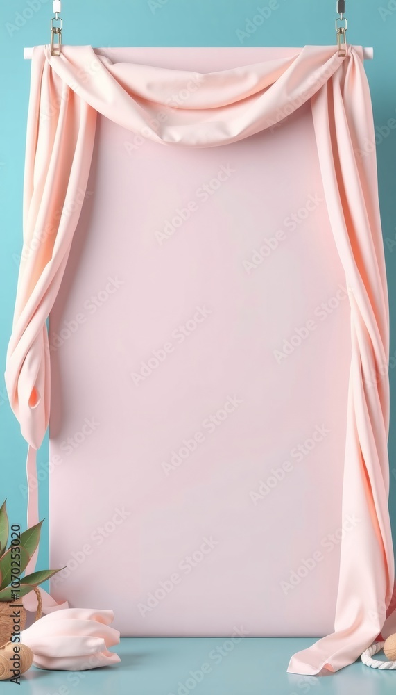 Pastel pink fabric draped on a blue backdrop with a blank pink space. Pastel pink fabric draped on a blue backdrop with a blank pink space.