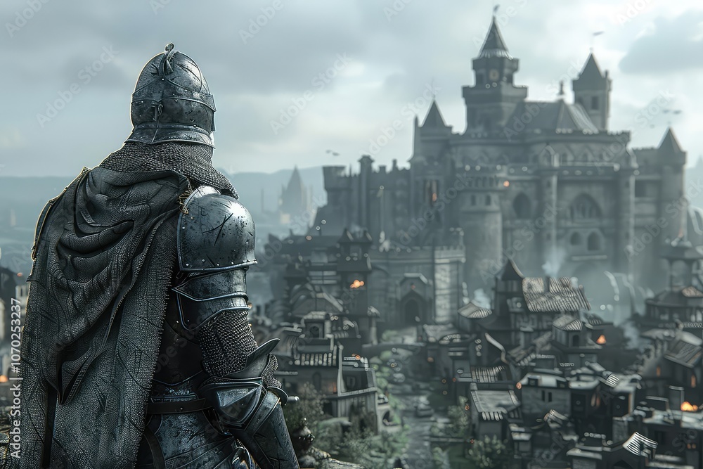 Medieval knight in steel armor against the background of castle walls. The castle's walls provide a formidable backdrop as a knight in steel armor stands as a symbol of protection. Medieval knight in steel armor against the background of castle walls. The castle's walls provide a formidable backdrop as a knight in steel armor stands as a symbol of protection.