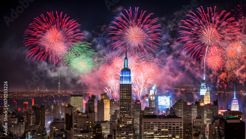 Colorful fireworks lighting up the skyline of new york city with times square as the focal point, AI Generated