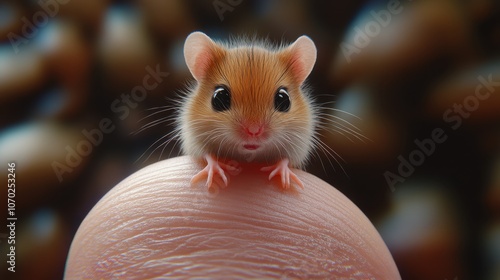 Tiny mouse on fingertip close-up	