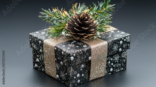 A Christmas gift box with a sparkly ribbon and a touch of greenery on top. photo