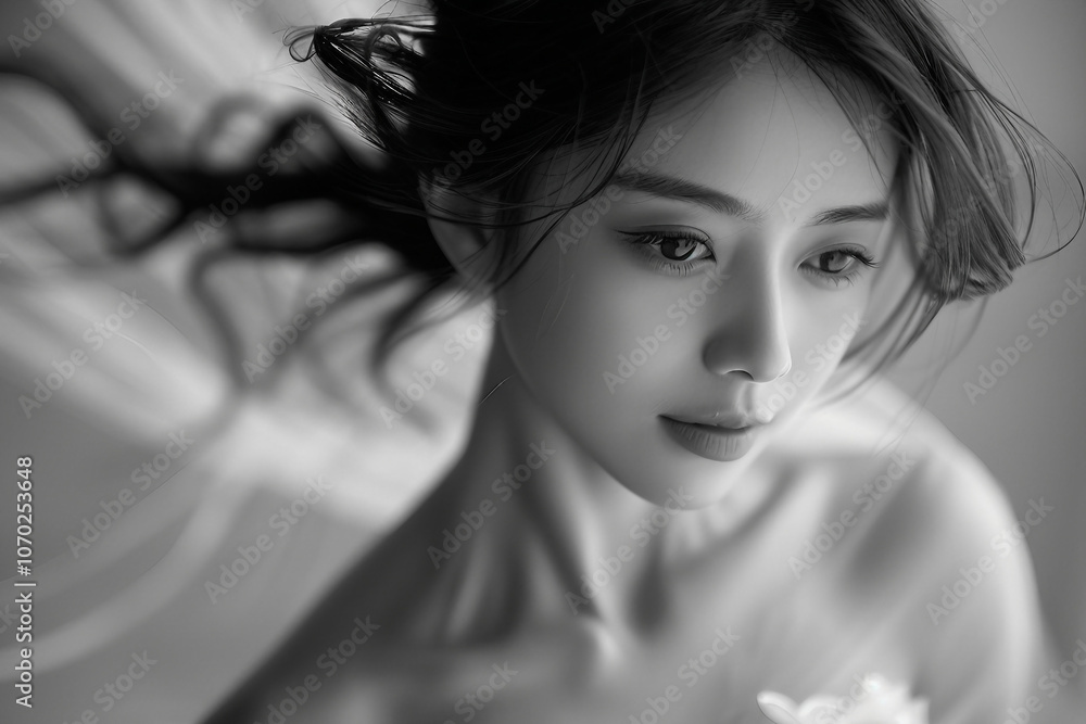 Naklejka premium Black and white portrait of a young ballerina girl with delicate freckles and a soft expression, Generative AI