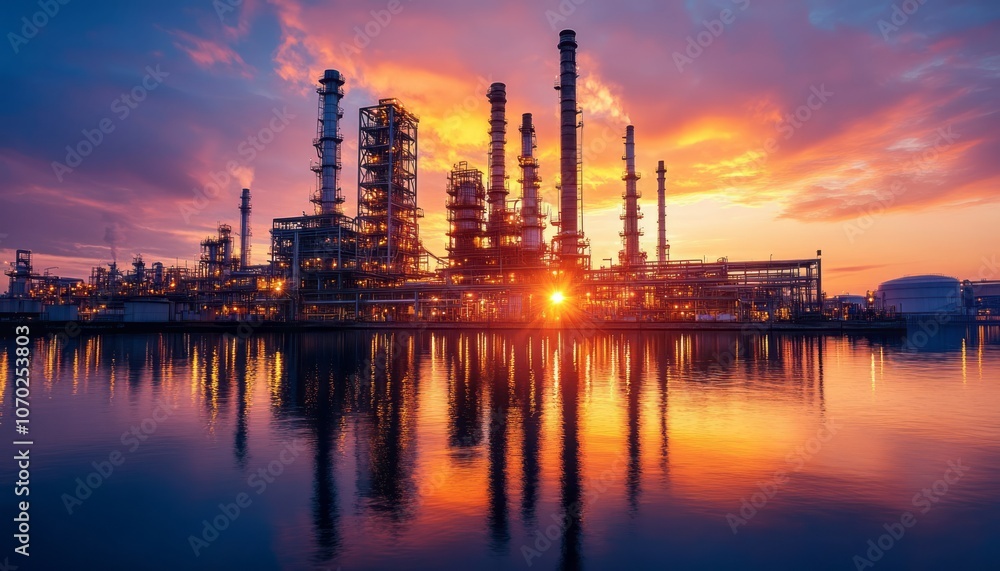 Sunset reflections over an industrial oil refinery by the water's edge Sunset reflections over an industrial oil refinery by the water's edge