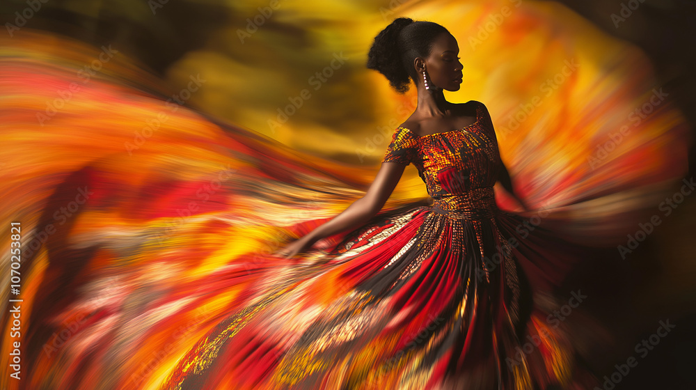 Woman in vibrant African dress with swirling motion blur Woman in vibrant African dress with swirling motion blur