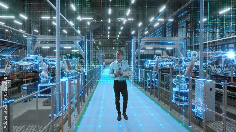 Engineer With Laptop Activates Autonomous EV Factory Digitization. Visualization Shows Robotic Arms, Assembly Line, Digital Twin Lines of Data, Computer Vision Transformation Manufacturing Technology Engineer With Laptop Activates Autonomous EV Factory Digitization. Visualization Shows Robotic Arms, Assembly Line, Digital Twin Lines of Data, Computer Vision Transformation Manufacturing Technology