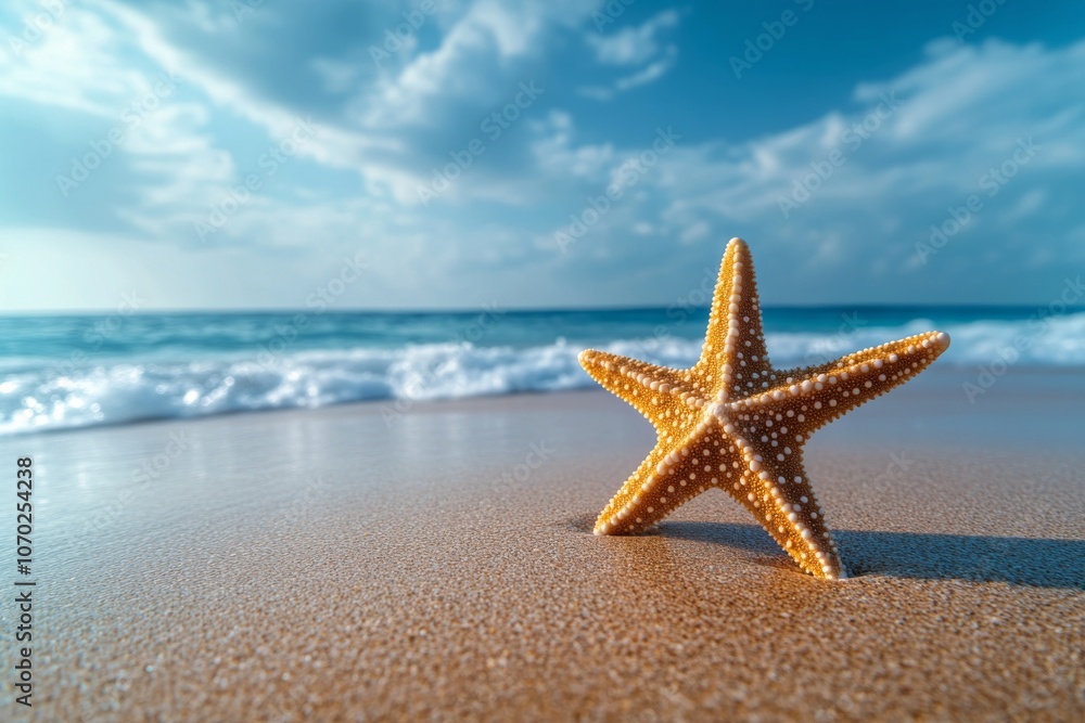 A yellow starfish on a sandy beach under a clear blue sky during a sunny day A yellow starfish on a sandy beach under a clear blue sky during a sunny day