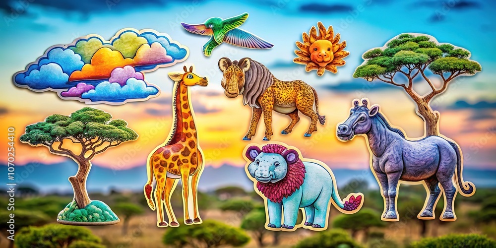 Obraz premium Drone Photography: Laser Cut Animal Stickers - Cloud, Bird, Tree, Hippo, Ostrich, Giraffe, Lion, Rhino
