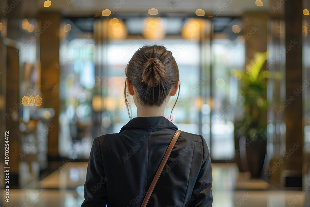 Generative AI Image of a Female Traveler Arriving in Hotel Corridor for Vacation Generative AI Image of a Female Traveler Arriving in Hotel Corridor for Vacation
