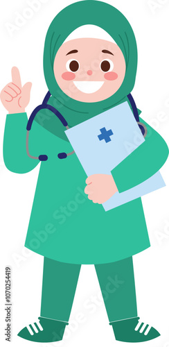 Muslim Female Doctor Cartoon Character Holding Clipboard and Stethoscope